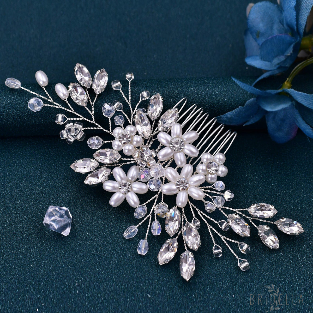 BHP346-S silver rhinestone pearl hair comb