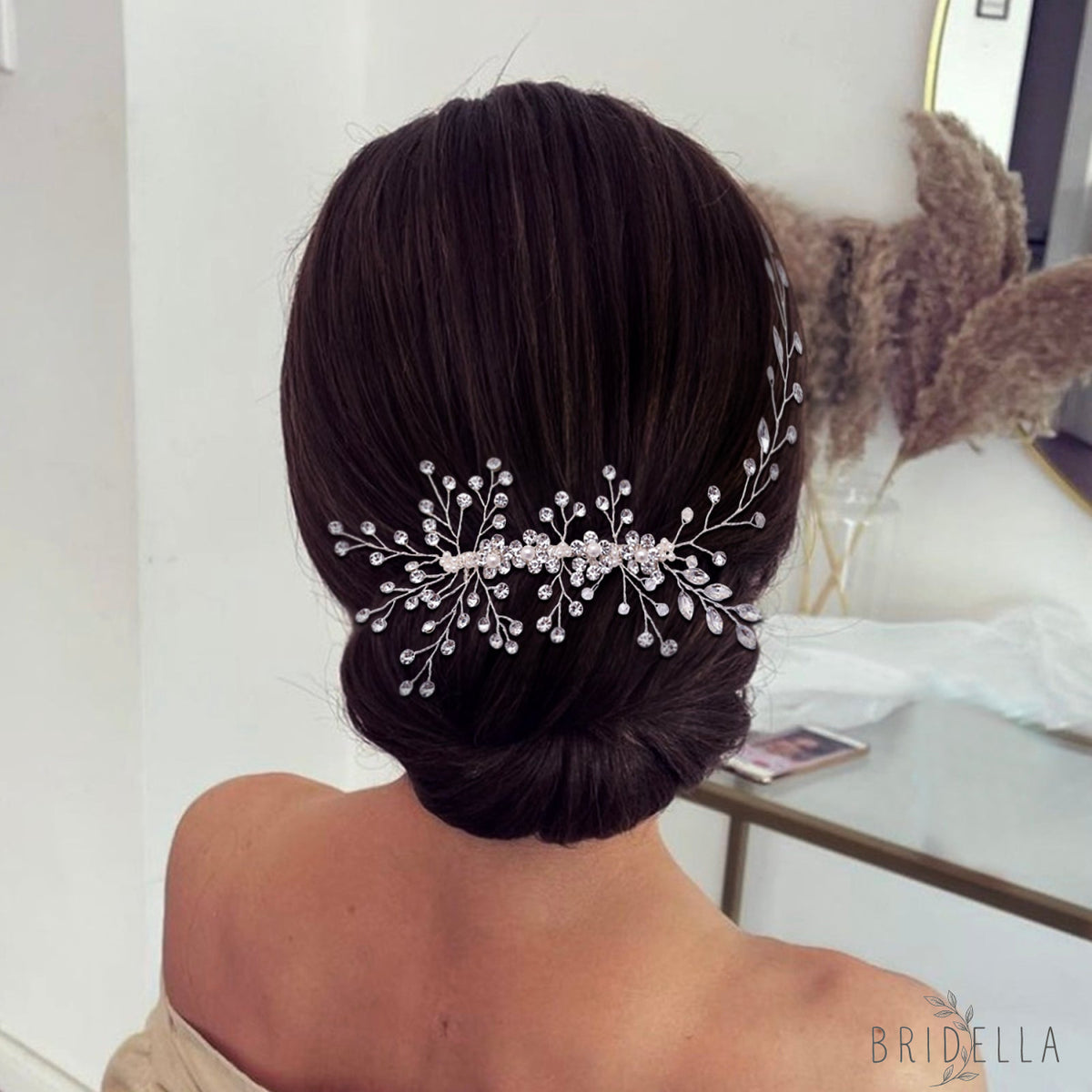 BHP15 silver rhinestone pearl hair comb