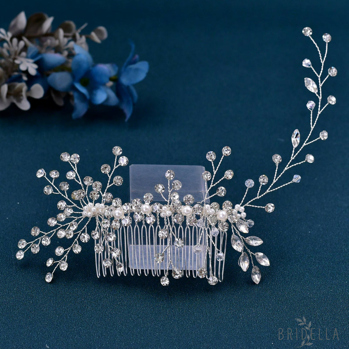 BHP15 silver rhinestone pearl hair comb