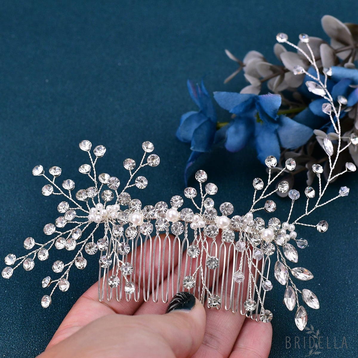 BHP15 silver rhinestone pearl hair comb