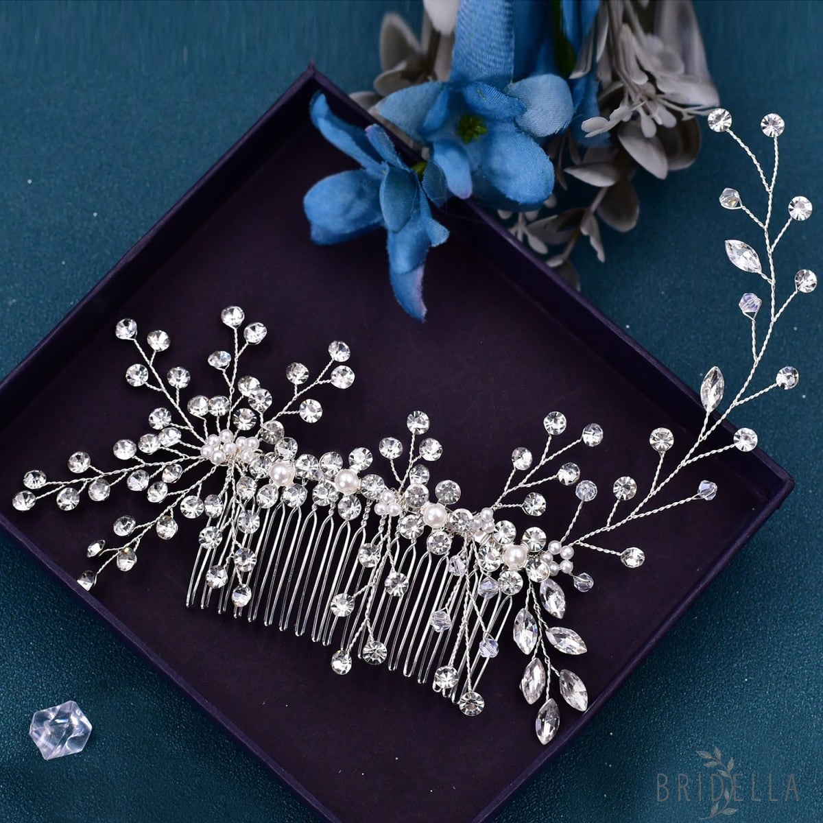 BHP15 silver rhinestone pearl hair comb