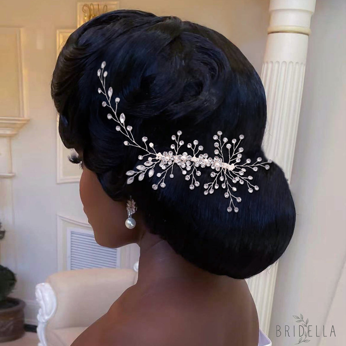 BHP15 silver rhinestone pearl hair comb
