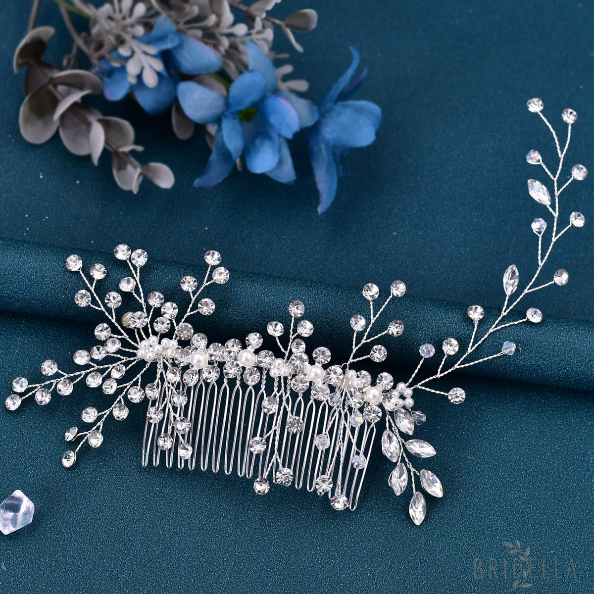BHP15 silver rhinestone pearl hair comb