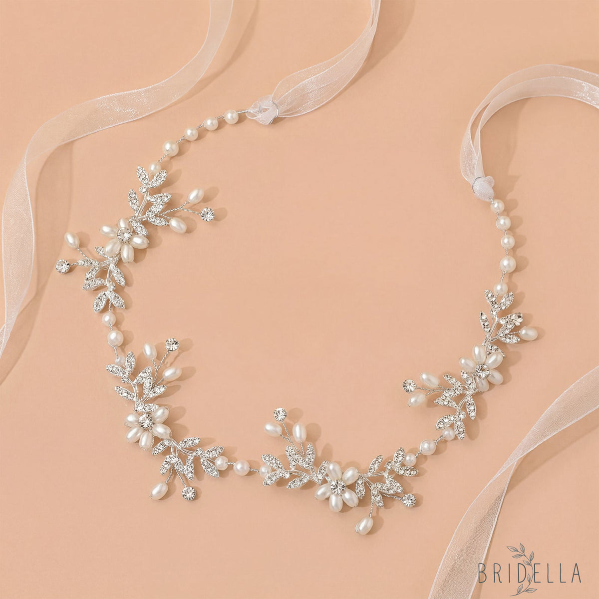 Silver Rhinestone & Pearl Slim Bridal Headband - Bridella BHP152-S - Silvery - HEADWEAR