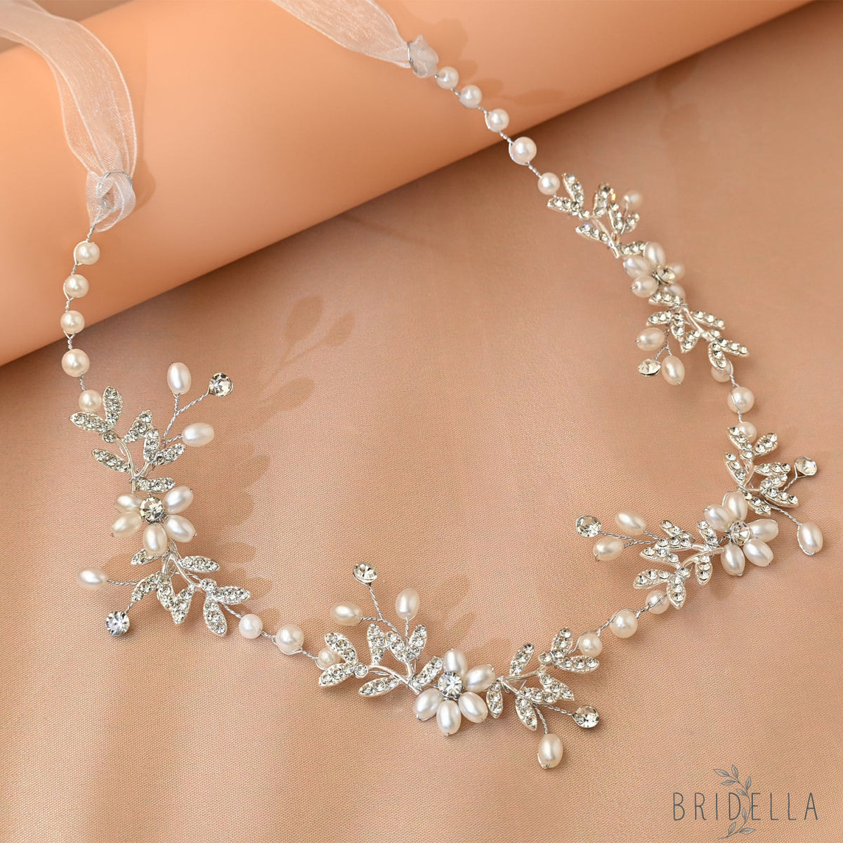 Silver Rhinestone & Pearl Slim Bridal Headband - Bridella BHP152-S - Silvery - HEADWEAR