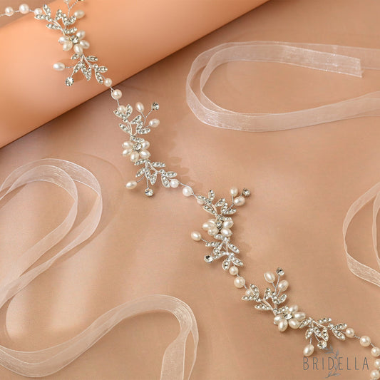 Silver Rhinestone & Pearl Slim Bridal Headband - Bridella BHP152-S - Silvery - HEADWEAR