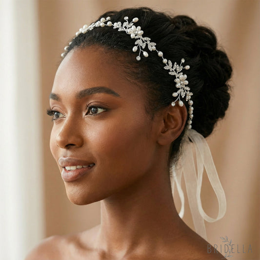 Silver Rhinestone & Pearl Slim Bridal Headband - Bridella BHP152-S - Silvery - HEADWEAR