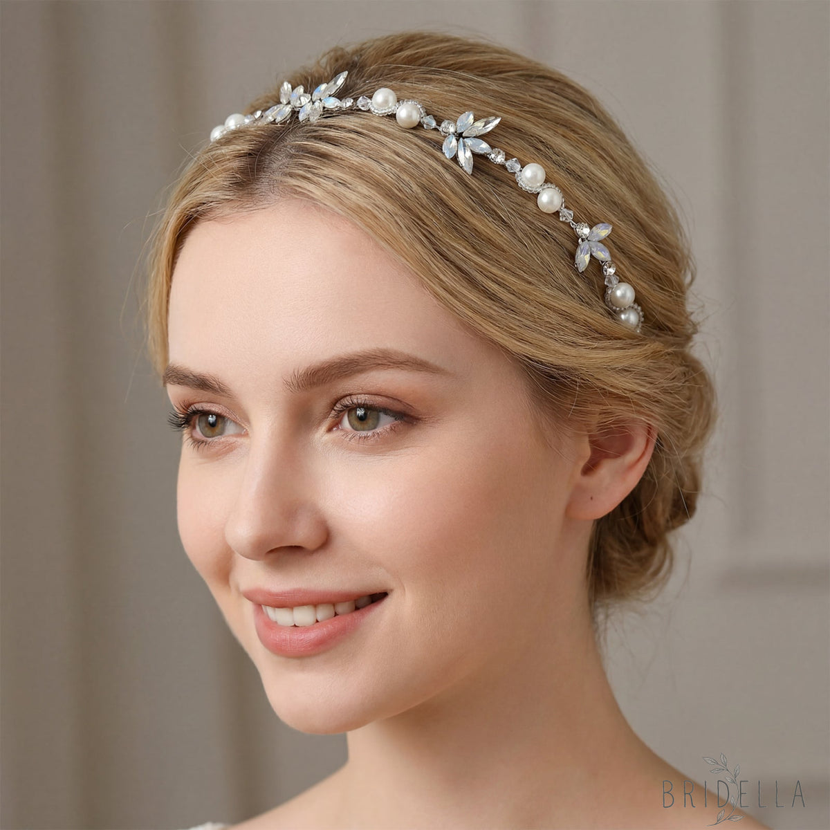 Silver Rhinestone & Pearl Slim Vine Bridal Tiara - Bridella BHP132-S - Silvery - HEADWEAR