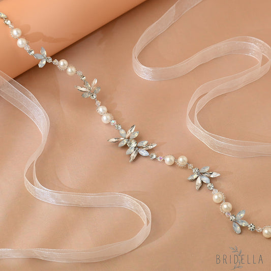 Silver Rhinestone & Pearl Slim Vine Bridal Tiara - Bridella BHP132-S - Silvery - HEADWEAR