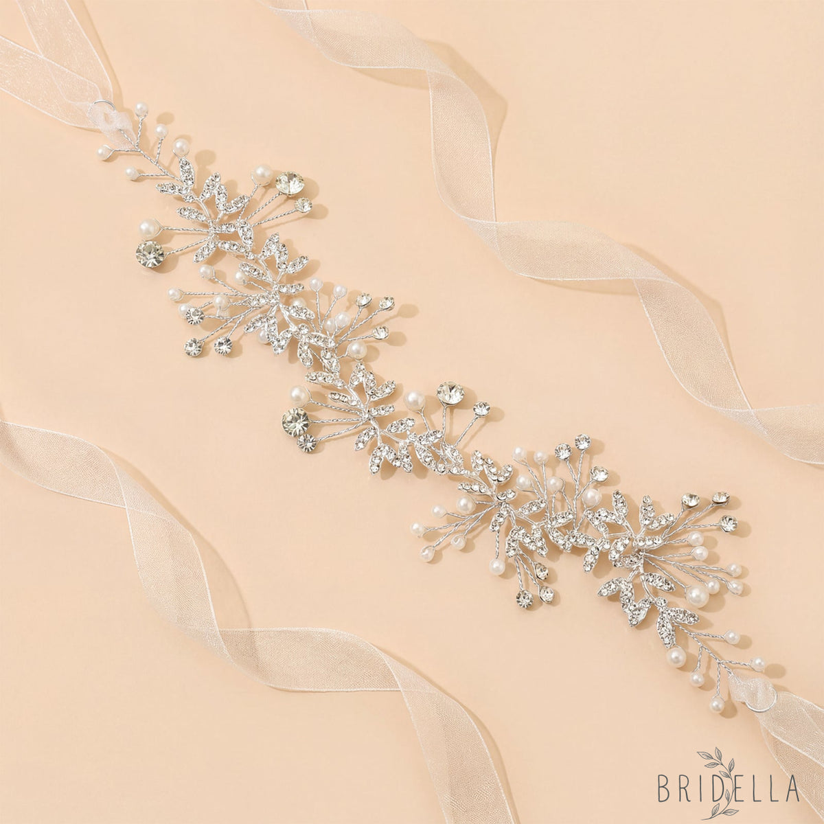 Silver Rhinestone & Pearl Vine Bridal Headband - Bridella BHP233-S - Silvery - HEADWEAR