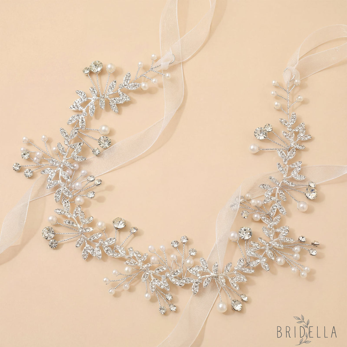 Silver Rhinestone & Pearl Vine Bridal Headband - Bridella BHP233-S - Silvery - HEADWEAR