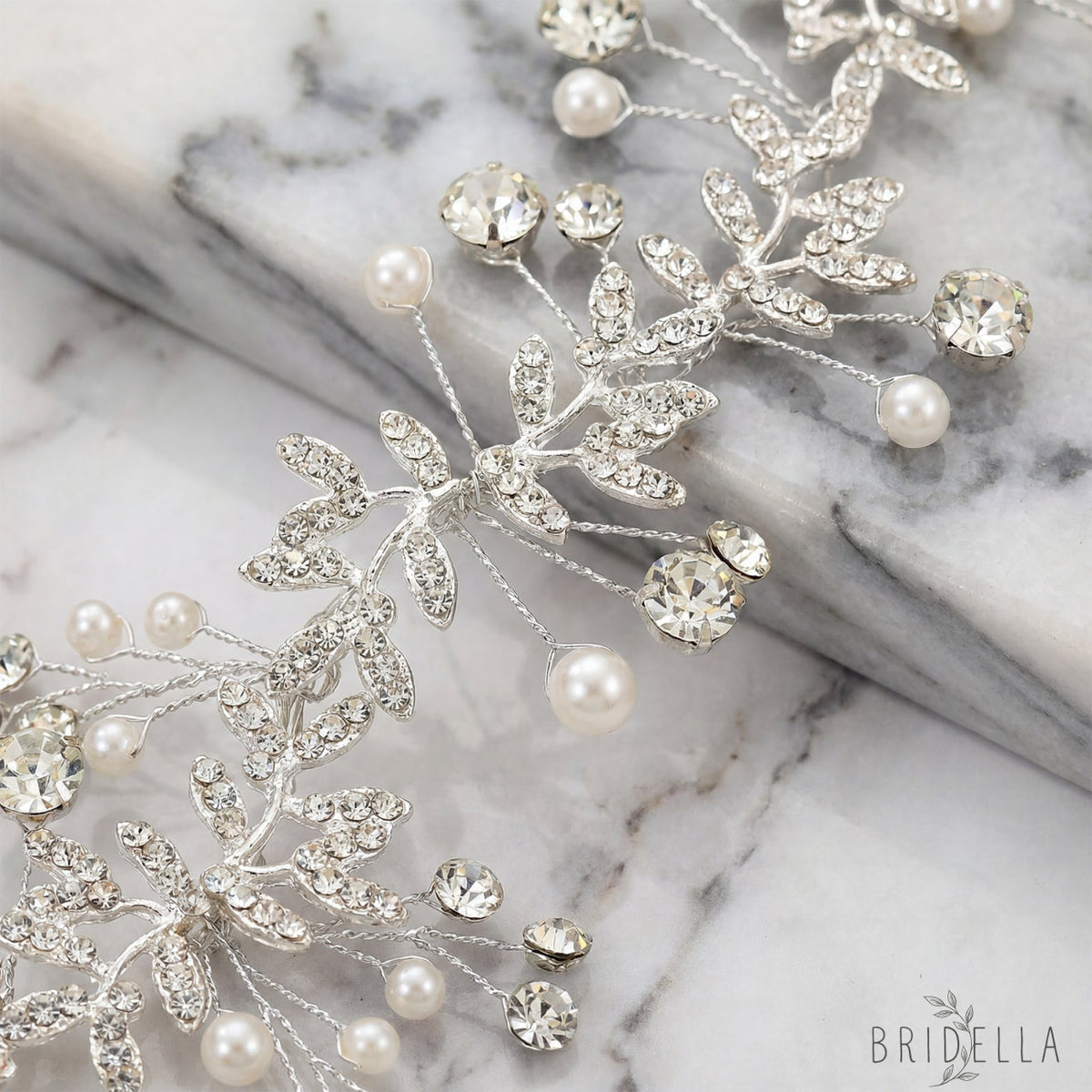 Silver Rhinestone & Pearl Vine Bridal Headband - Bridella BHP233-S - Silvery - HEADWEAR