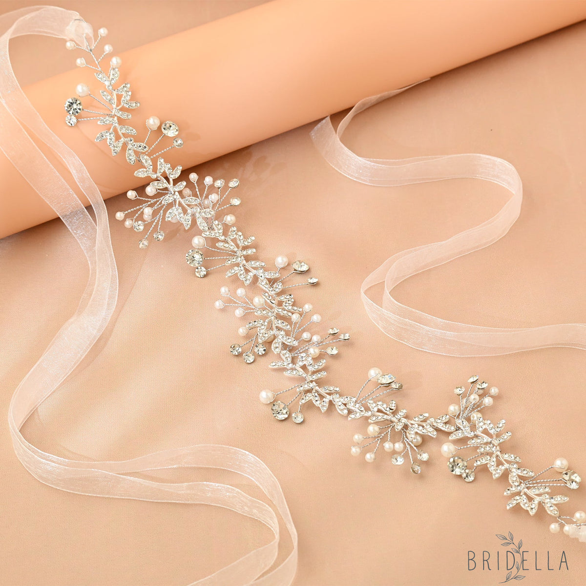 Silver Rhinestone & Pearl Vine Bridal Headband - Bridella BHP233-S - Silvery - HEADWEAR