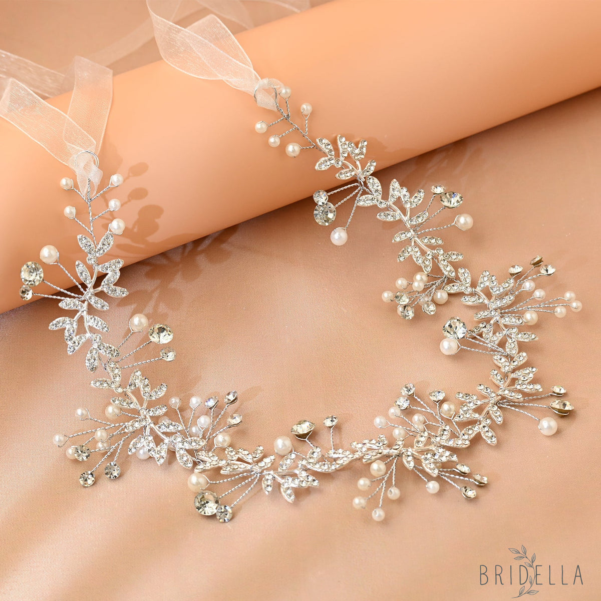 Silver Rhinestone & Pearl Vine Bridal Headband - Bridella BHP233-S - Silvery - HEADWEAR