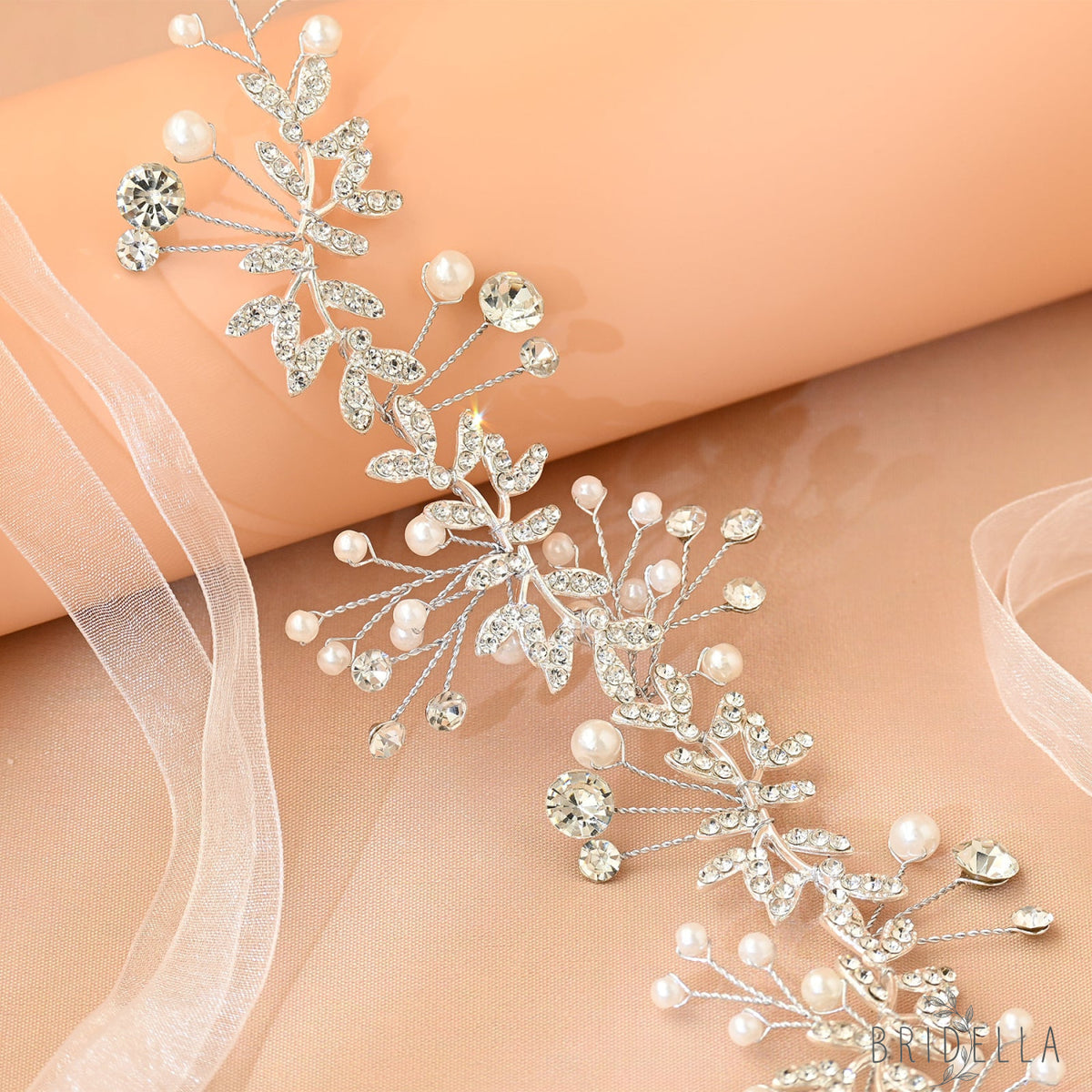 Silver Rhinestone & Pearl Vine Bridal Headband - Bridella BHP233-S - Silvery - HEADWEAR