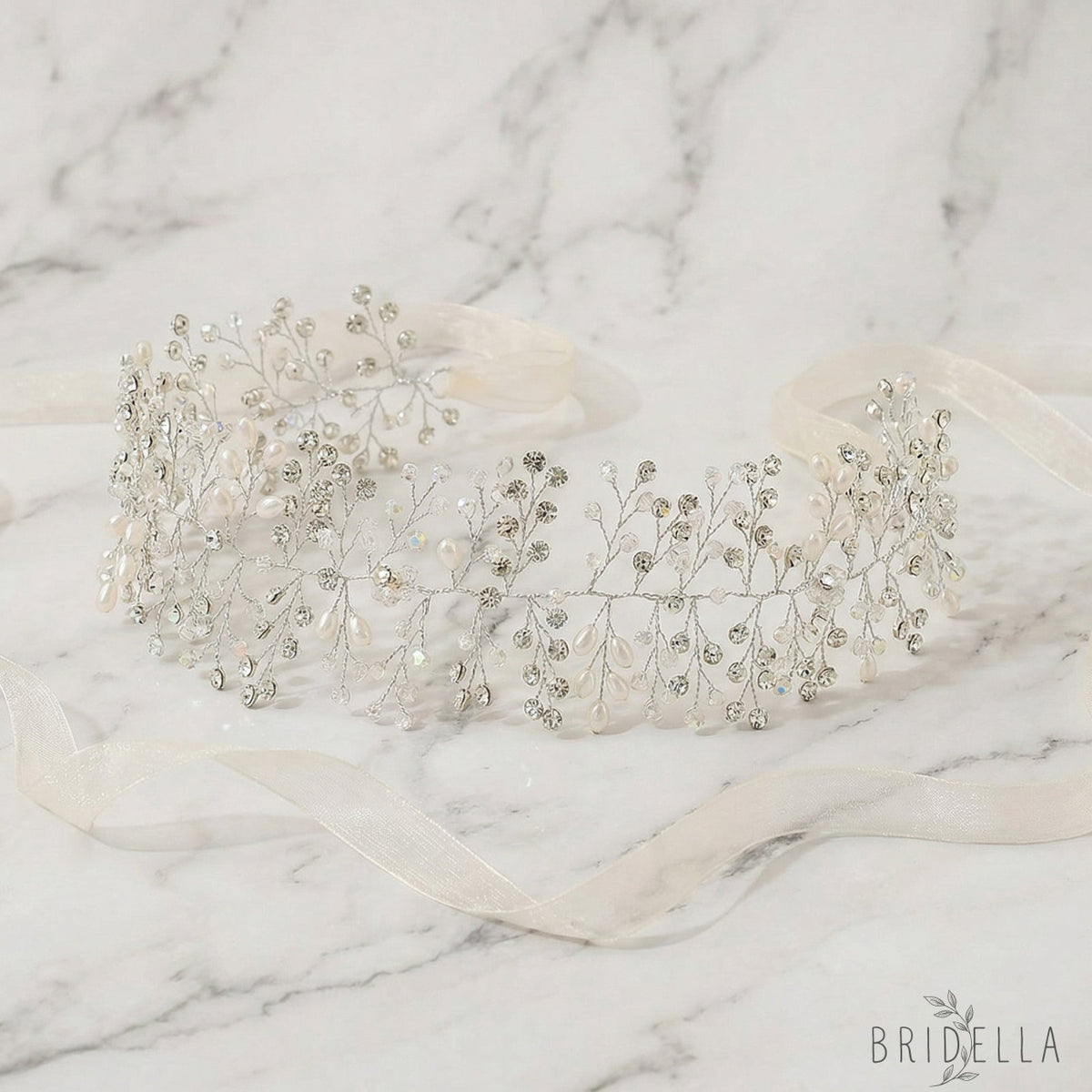 Silver Rhinestone & Pearl Vine Bridal Tiara - Bridella BHP10-S - Silvery - HEADWEAR