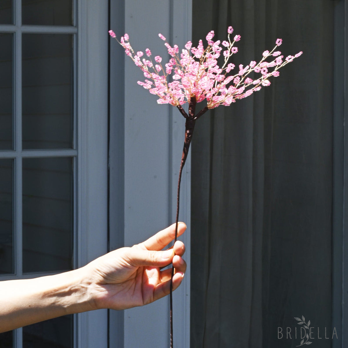 Single Stem Handmade Pink Crystal Beaded Artificial Cherry Blossom Branch K31 - Pink