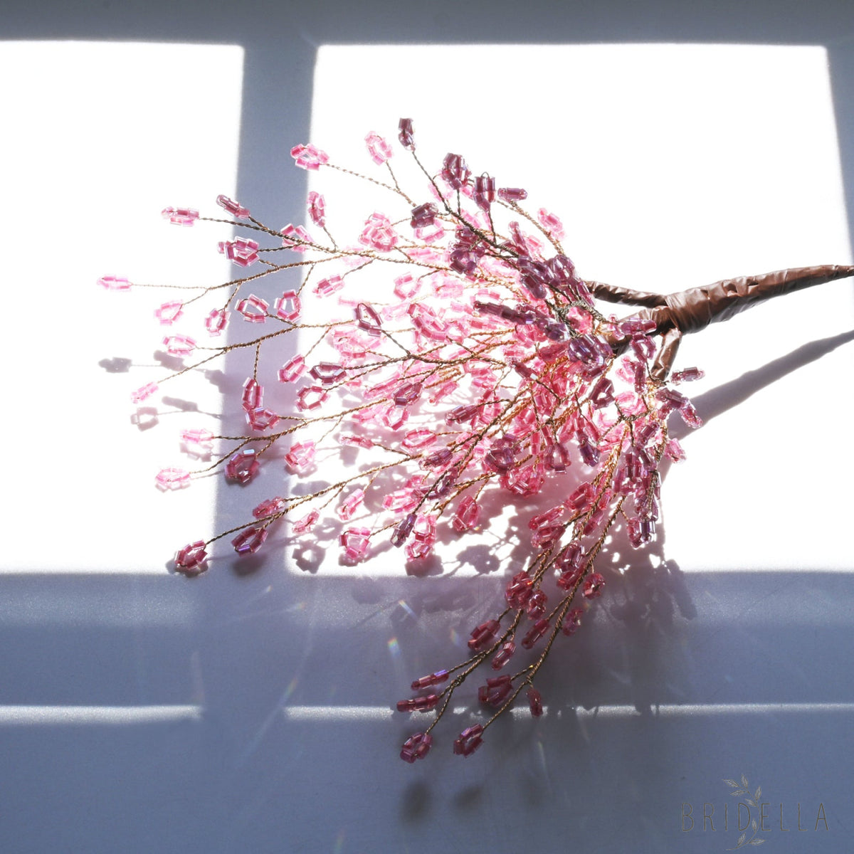 Single Stem Handmade Pink Crystal Beaded Artificial Cherry Blossom Branch K31 - Pink