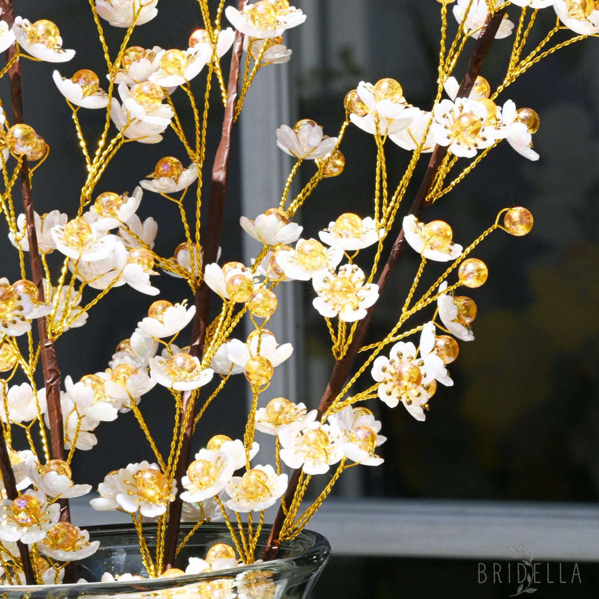 Single Stem White & Gold Crystal Plum Blossom Artificial Flower K70 - Orange