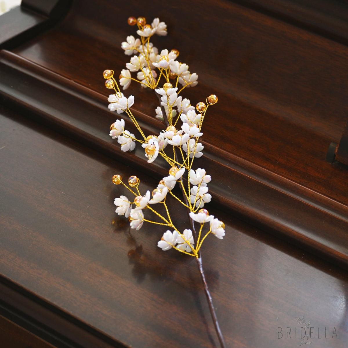 Single Stem White & Gold Crystal Plum Blossom Artificial Flower K70 - Orange
