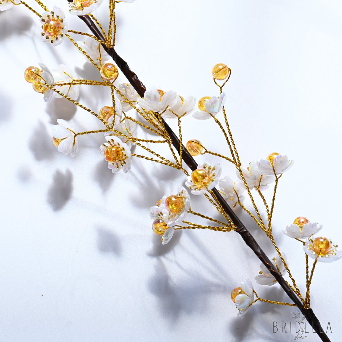 Single Stem White & Gold Crystal Plum Blossom Artificial Flower K70 - Orange