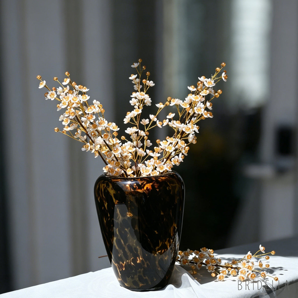 Single Stem White & Gold Crystal Plum Blossom Artificial Flower K70 - Orange