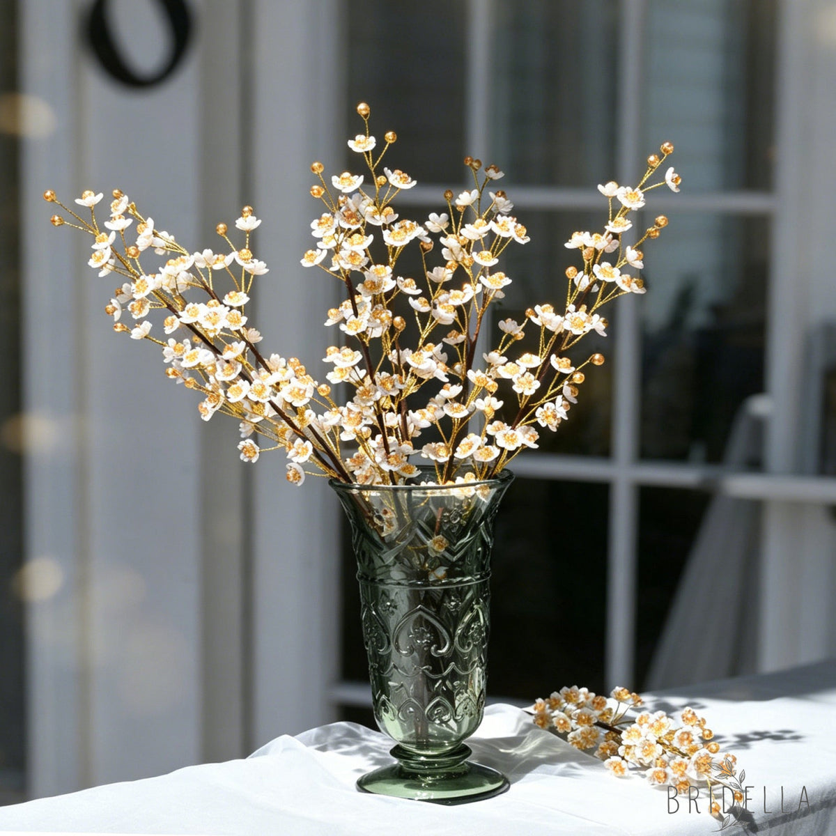Single Stem White & Gold Crystal Plum Blossom Artificial Flower K70 - Orange