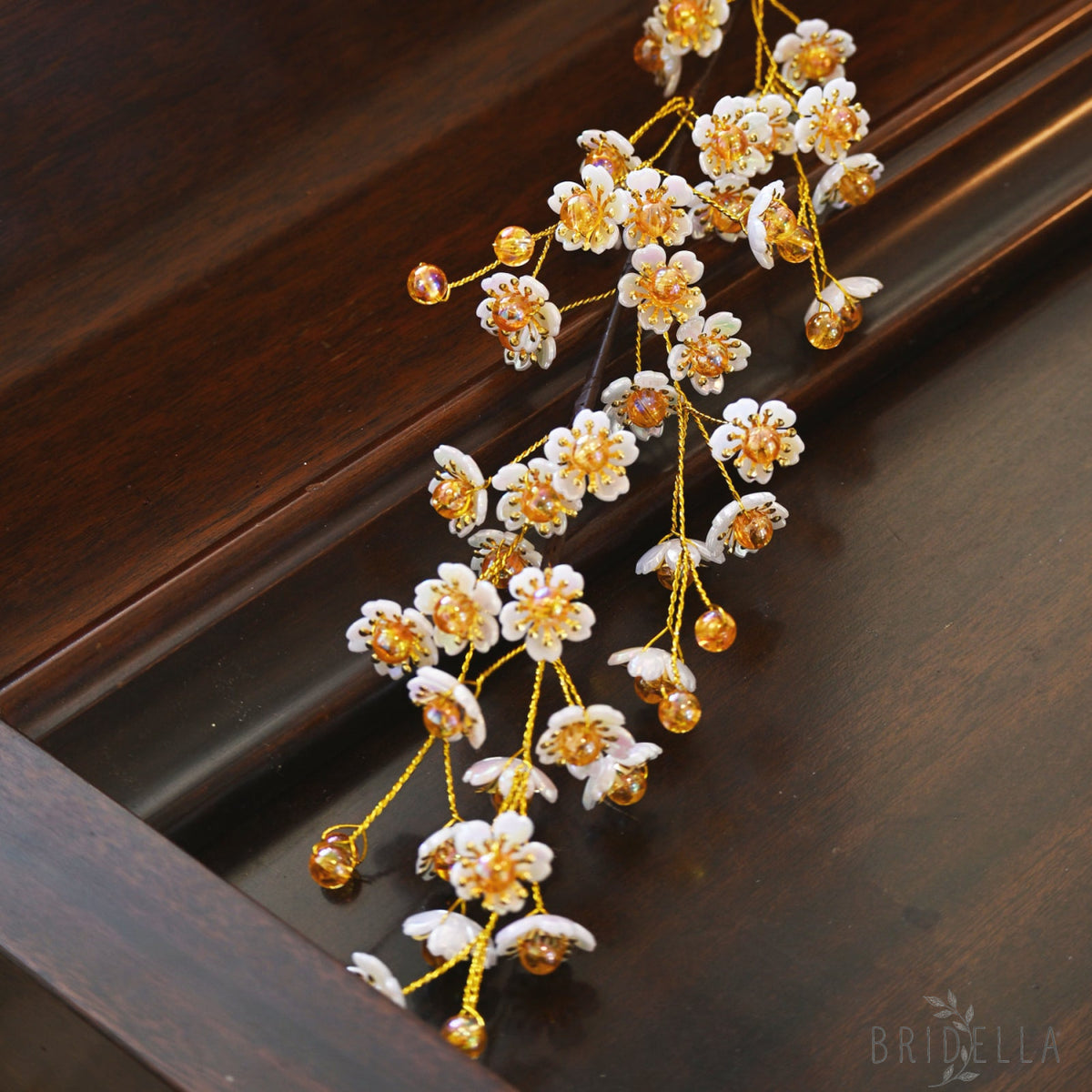 Single Stem White & Gold Crystal Plum Blossom Artificial Flower K70 - Orange