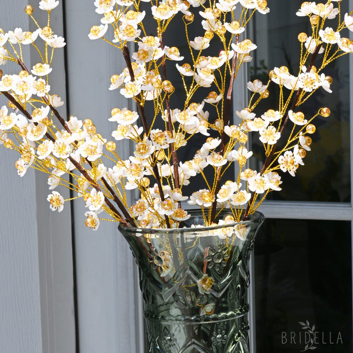 Single Stem White & Gold Crystal Plum Blossom Artificial Flower K70 - Orange