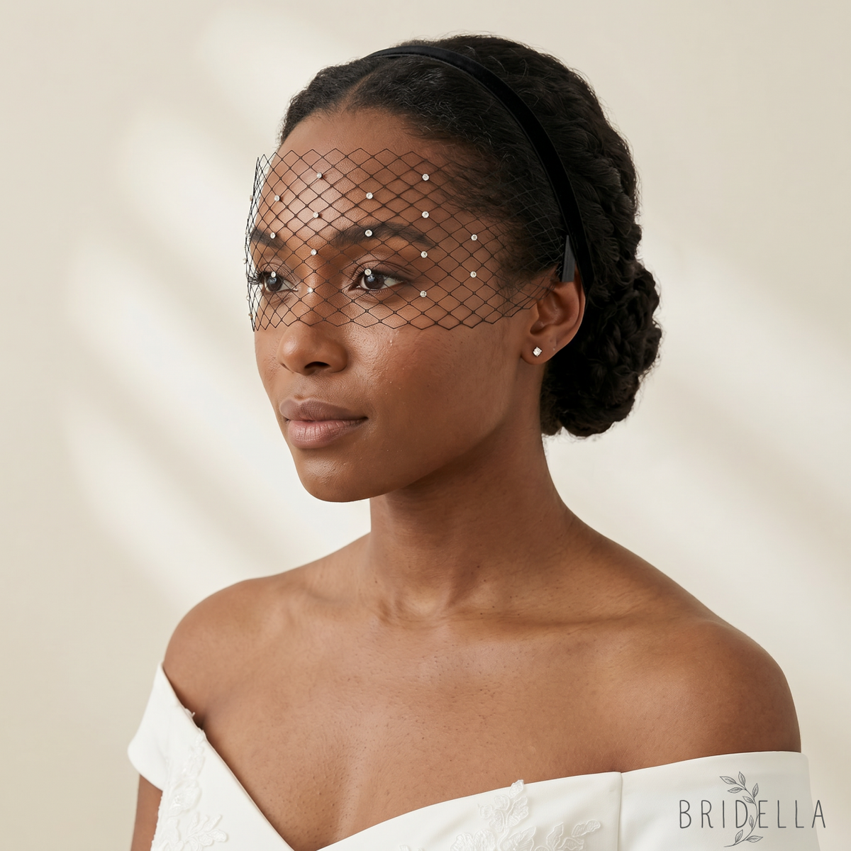 Sparkling Rhinestone Bridal Veil Wedding Blusher Veil - Bridella BMA30-B - Black