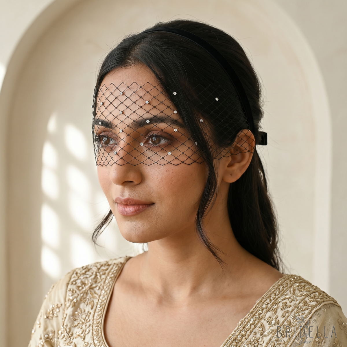 Sparkling Rhinestone Bridal Veil Wedding Blusher Veil - Bridella BMA30-B - Black