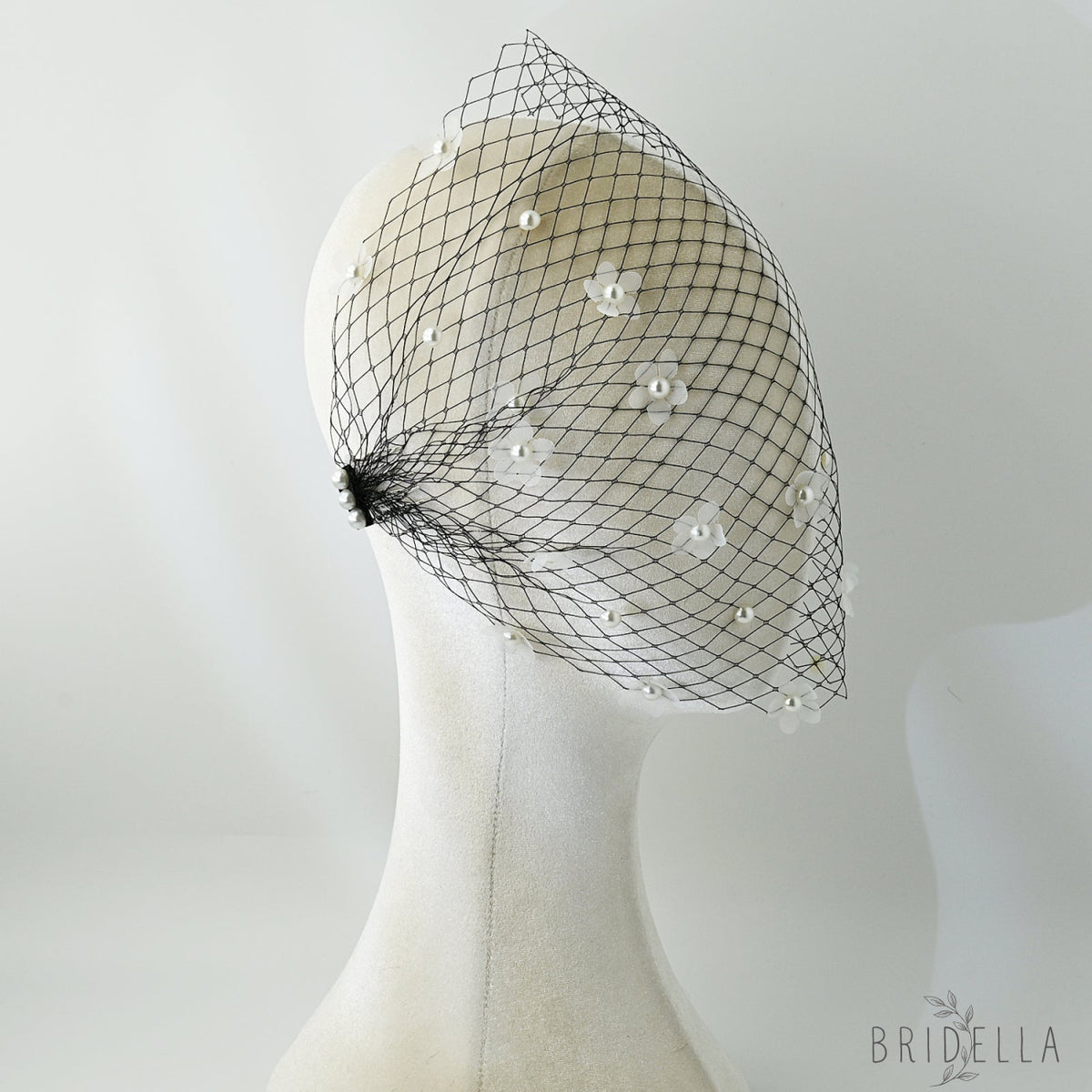 Vintage Birdcage Bridal Veil Fascinator Stretch Headband Blusher Face Veil Black White - Bridella BVA15-B - Black