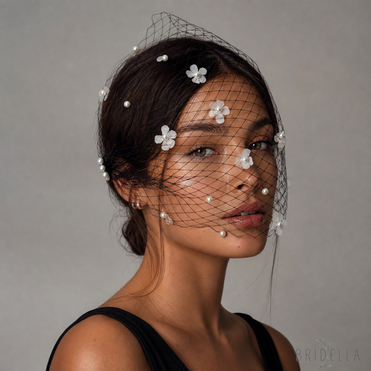 Vintage Birdcage Bridal Veil Fascinator Stretch Headband Blusher Face Veil Black White - Bridella BVA15-B - Black