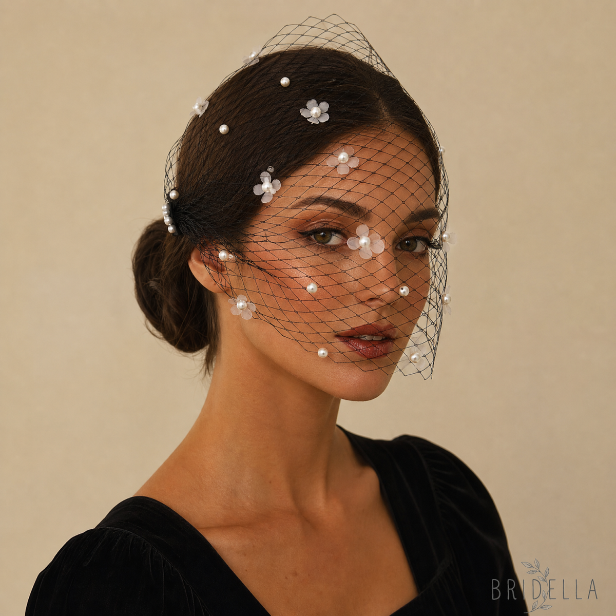 Vintage Birdcage Bridal Veil Fascinator Stretch Headband Blusher Face Veil Black White - Bridella BVA15-B - Black