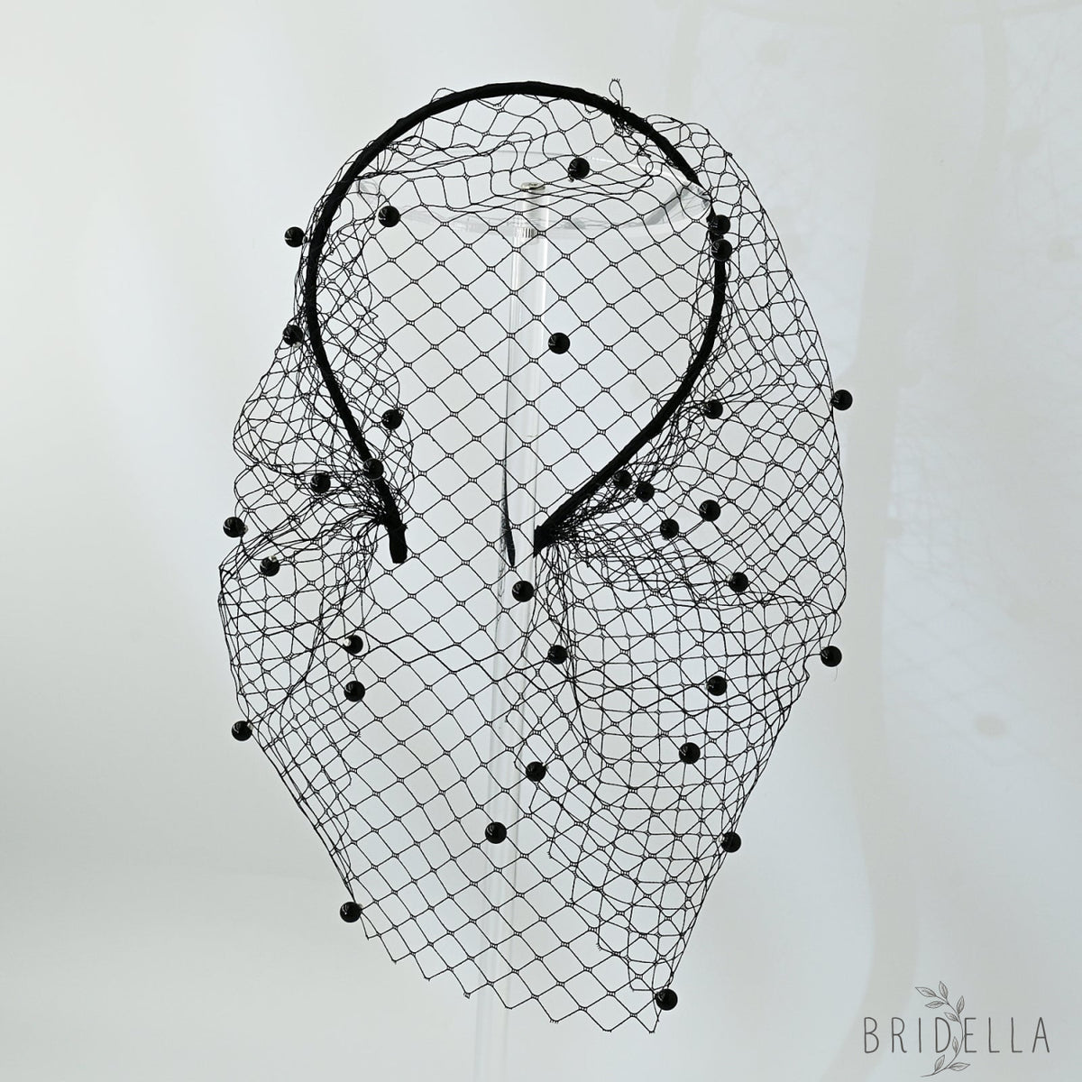 white White Pearl & Mesh Birdcage Veil - Bridella BVA08-B - Black - face veil