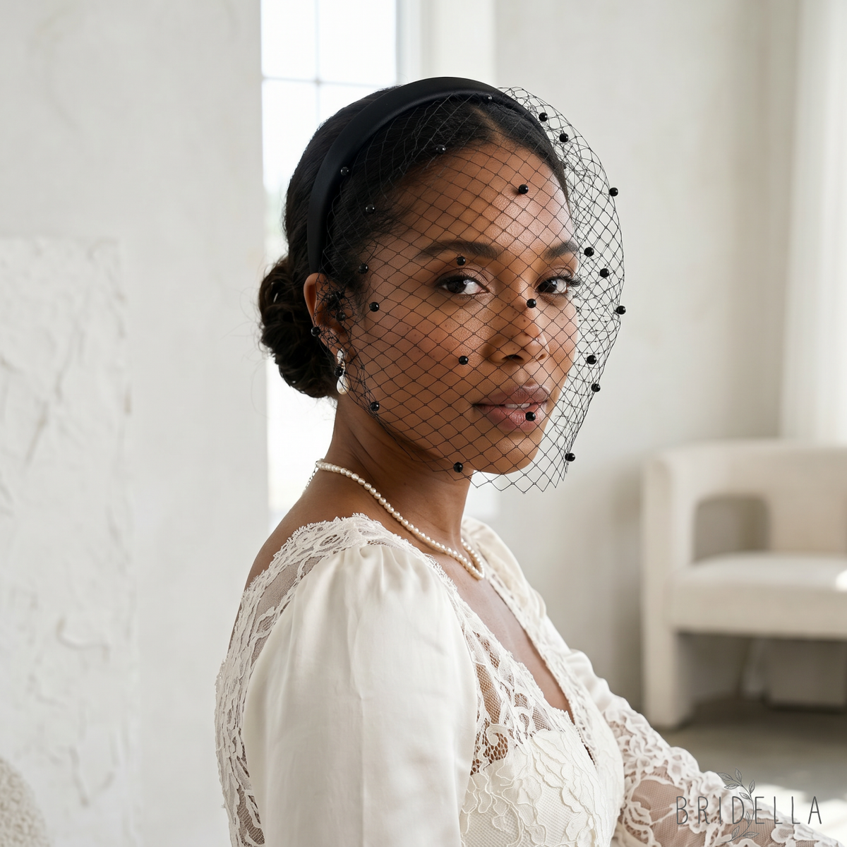 white White Pearl & Mesh Birdcage Veil - Bridella BVA08-B - Black - face veil