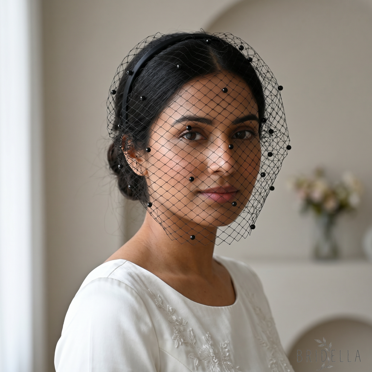 white White Pearl & Mesh Birdcage Veil - Bridella BVA08-B - Black - face veil