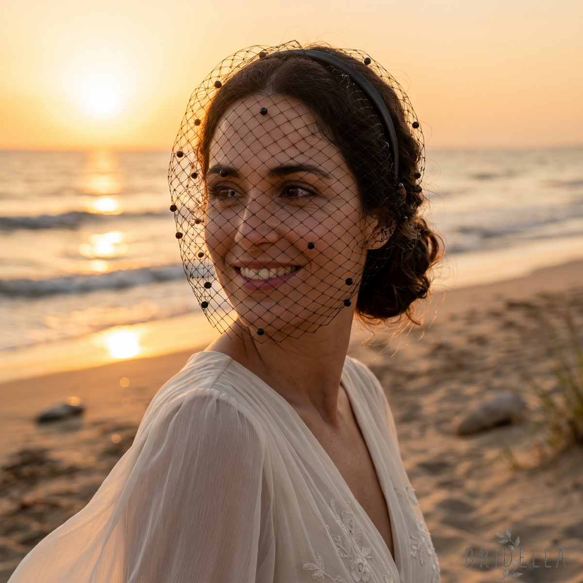 white White Pearl & Mesh Birdcage Veil - Bridella BVA08-B - Black - face veil