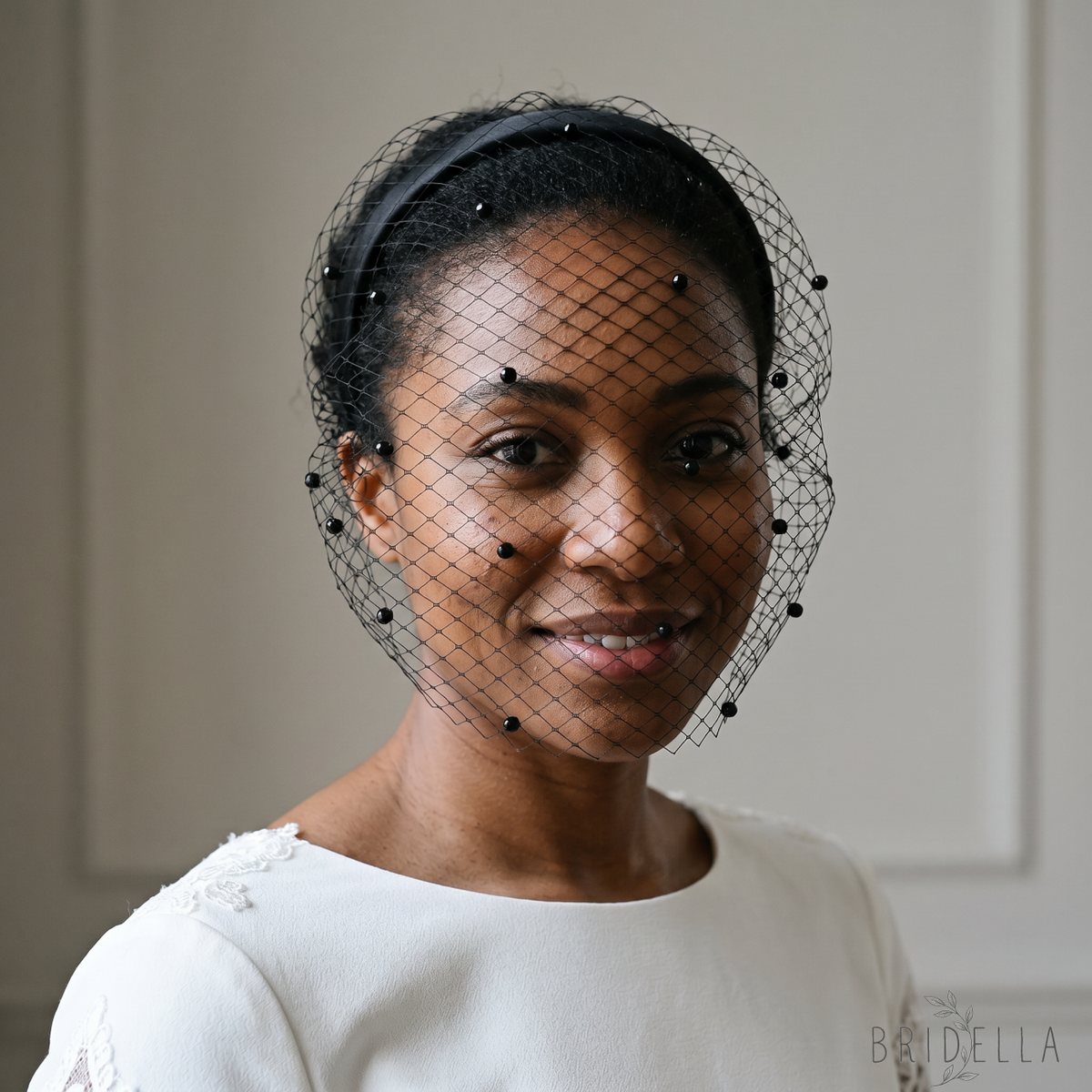 white White Pearl & Mesh Birdcage Veil - Bridella BVA08-B - Black - face veil