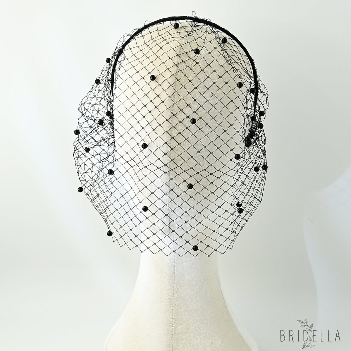 white White Pearl & Mesh Birdcage Veil - Bridella BVA08-B - Black - face veil