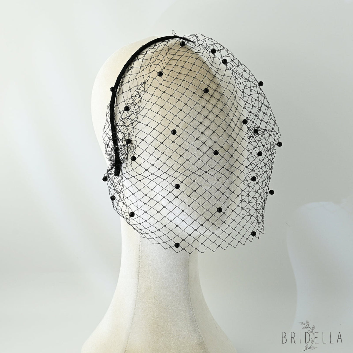white White Pearl & Mesh Birdcage Veil - Bridella BVA08-B - Black - face veil