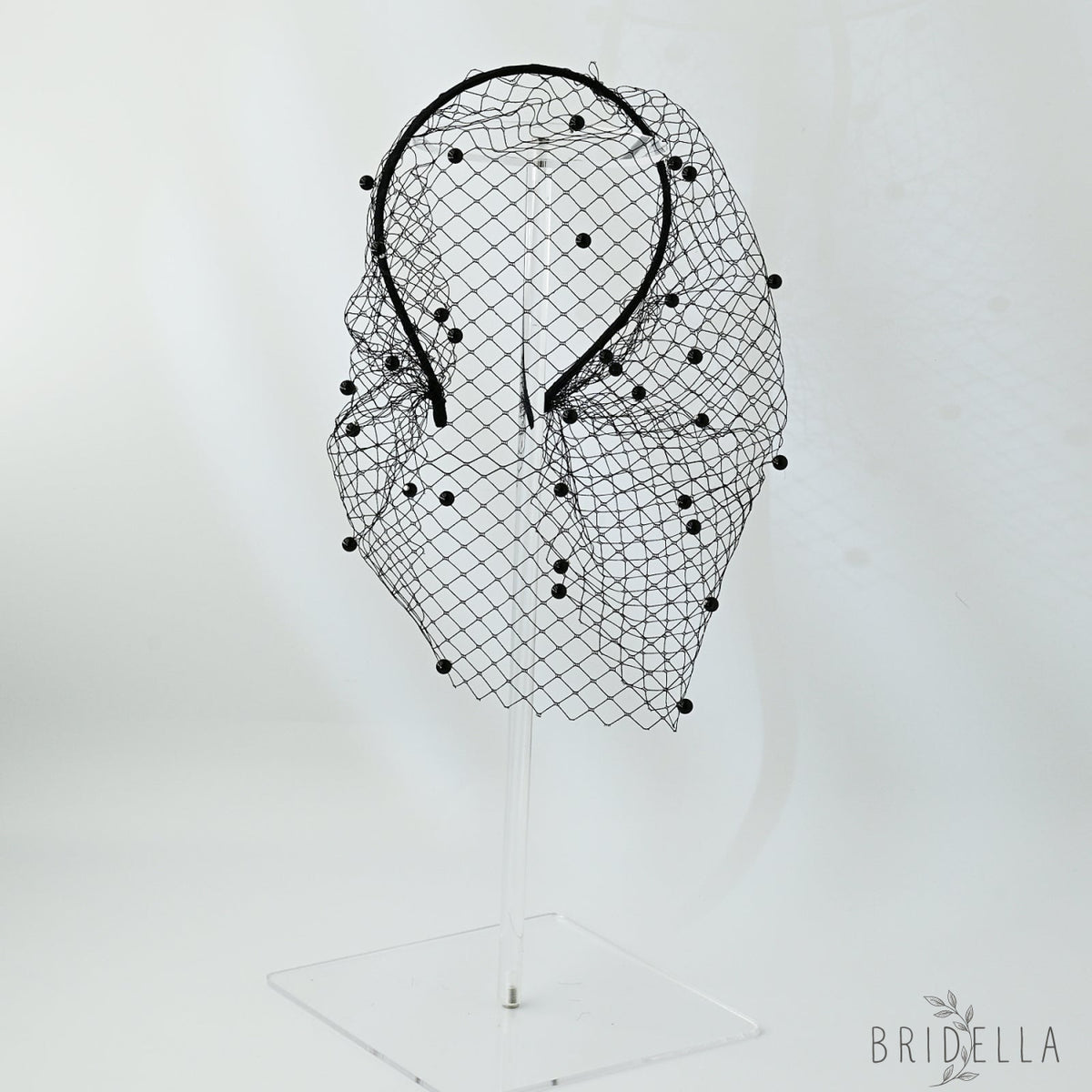 white White Pearl & Mesh Birdcage Veil - Bridella BVA08-B - Black - face veil