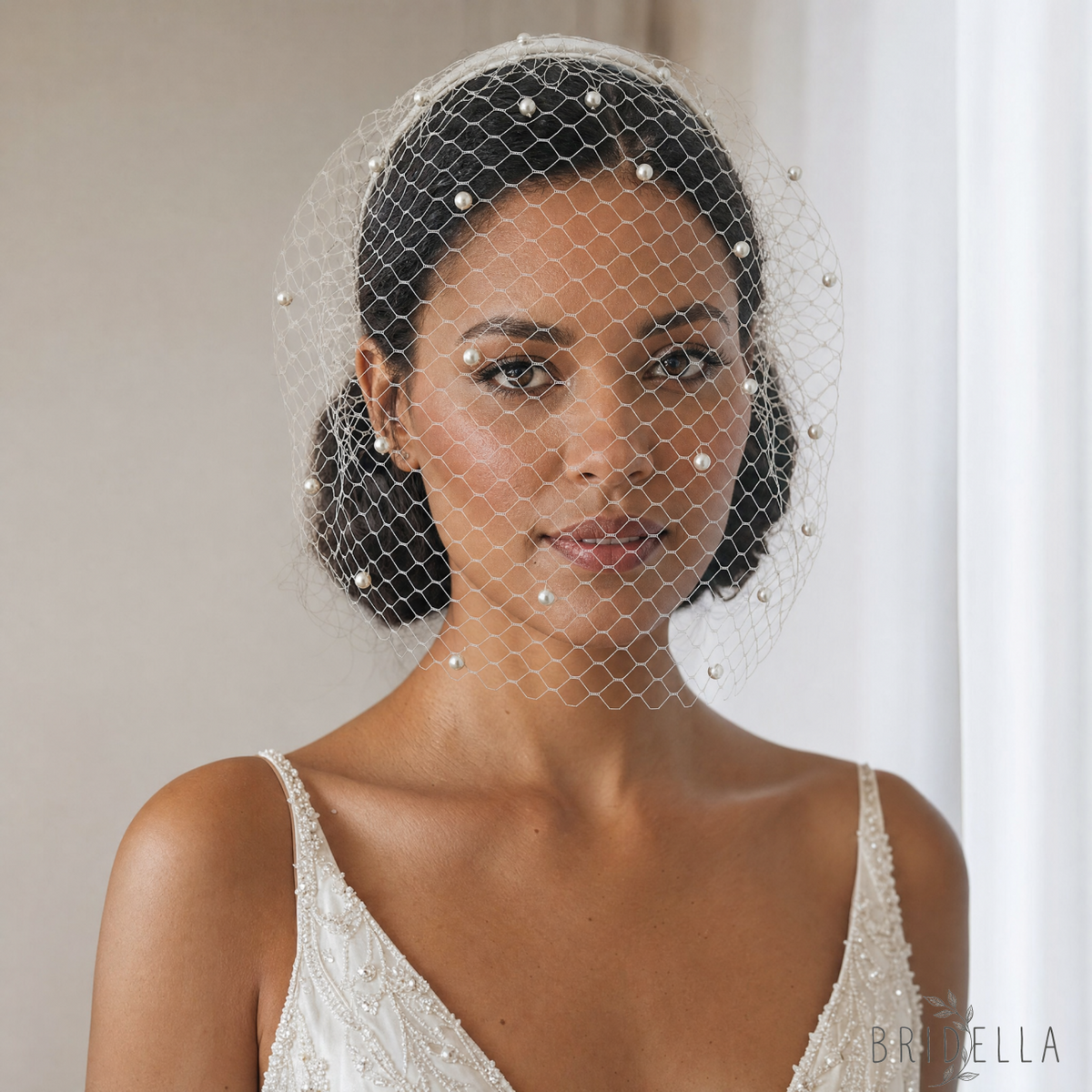 white White Pearl & Mesh Birdcage Veil - Bridella BVA08-W - white - face veil