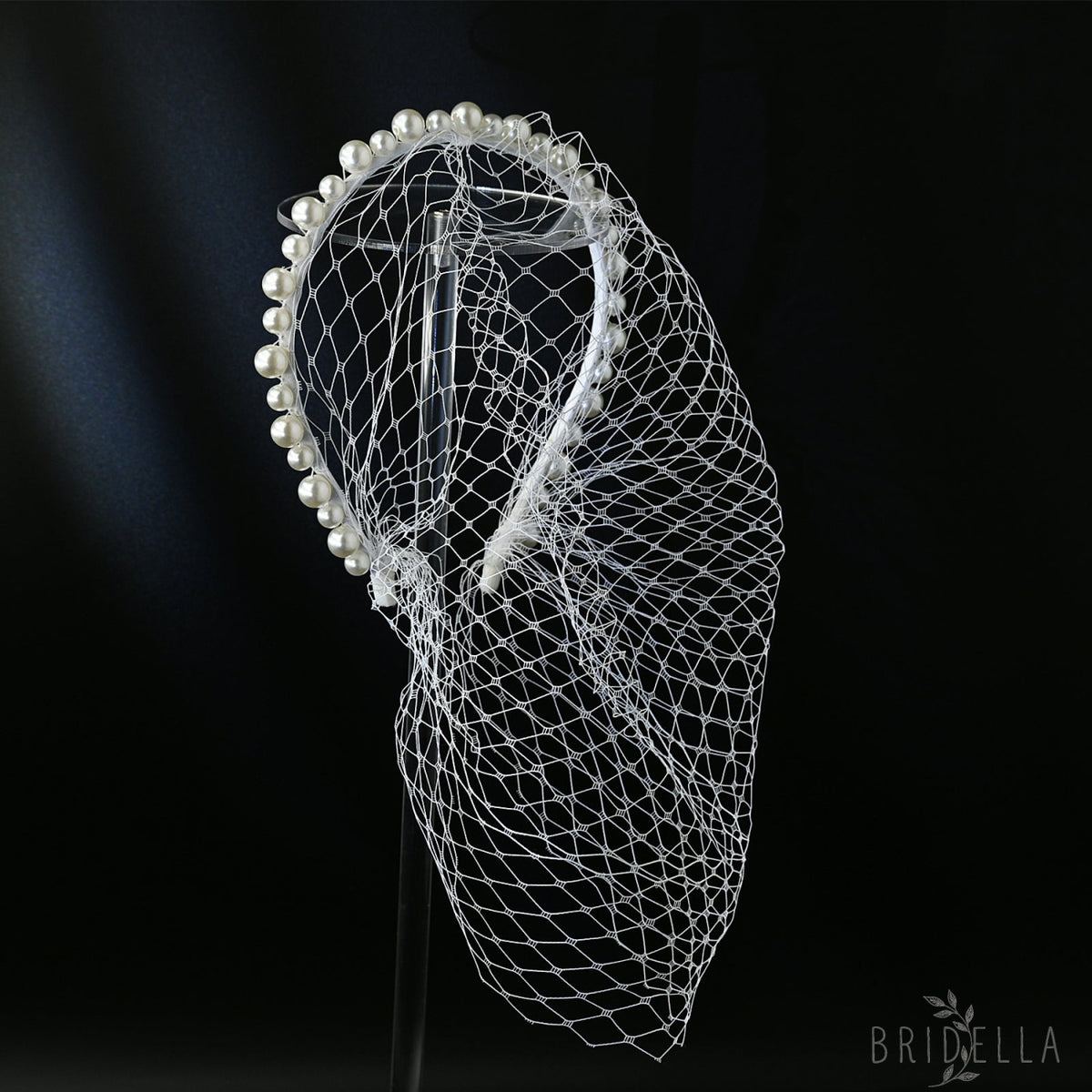 White Pearl Mesh Bridal Face Veil Headband for Wedding - Bridella BVA11-W - IVONY - face veil