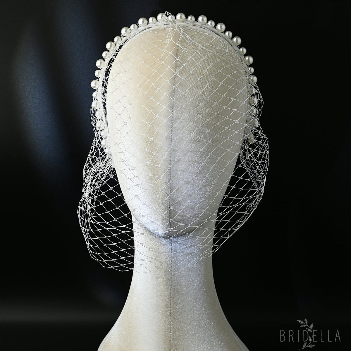 White Pearl Mesh Bridal Face Veil Headband for Wedding - Bridella BVA11-W - IVONY - face veil