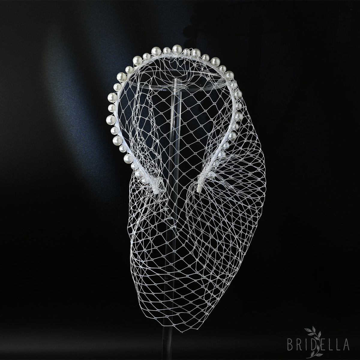 White Pearl Mesh Bridal Face Veil Headband for Wedding - Bridella BVA11-W - IVONY - face veil