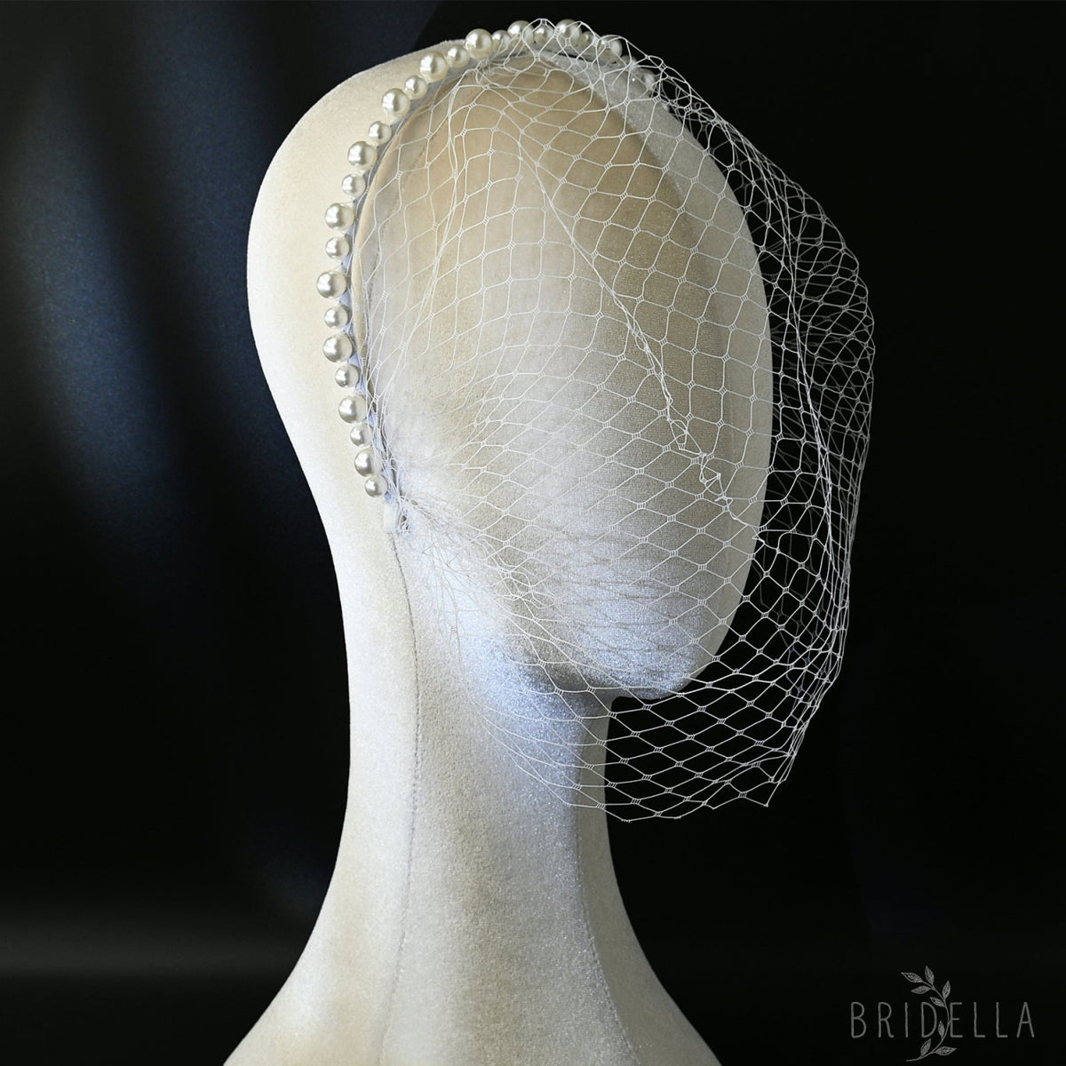 White Pearl Mesh Bridal Face Veil Headband for Wedding - Bridella BVA11-W - IVONY - face veil