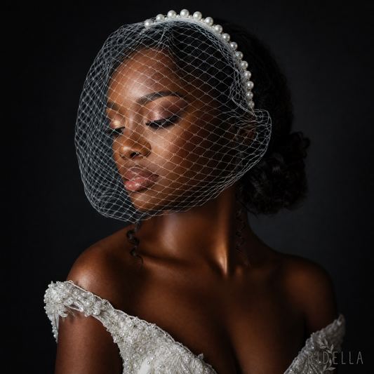 White Pearl Mesh Bridal Face Veil Headband for Wedding - Bridella BVA11-W - IVONY - face veil