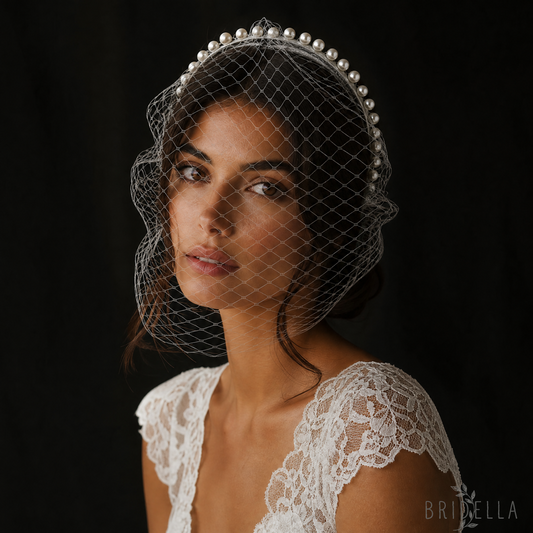 White Pearl Mesh Bridal Face Veil Headband for Wedding - Bridella BVA11-W - IVONY - face veil