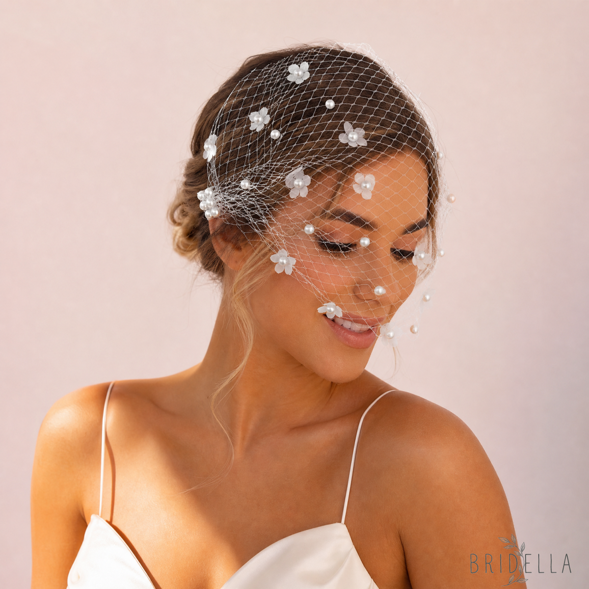 White Pearl Mesh Bridal Hair Comb Veil Short for Wedding - Bridella BVA15-W - IVONY - face veil